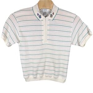 Blast Womens Plus 1X Striped Knit Polo Shirt Cream Teal Embroidered Shells Zip